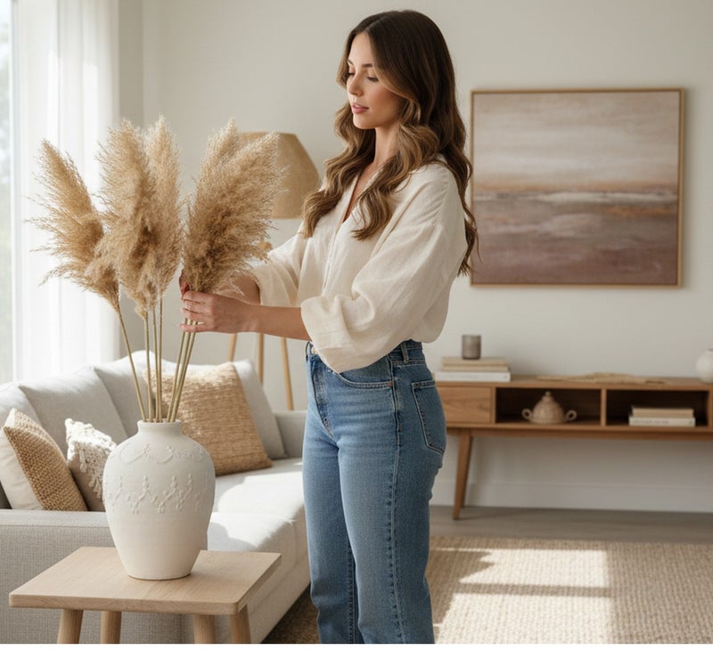 فانسي فلورز عشب بامباس طبيعي ناعم مجفف – سيقان بامباس منفوشة باللون البيج للديكور المنزلي والمناسبات 3 - Image 4